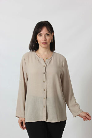 TB-069 KETEN KOLU APOLETLİ SIFIR YAKA BÜYÜK BEDEN TAŞ RENGİ GÖMLEK