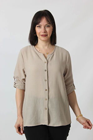 TB-069 KETEN KOLU APOLETLİ SIFIR YAKA BÜYÜK BEDEN TAŞ RENGİ GÖMLEK