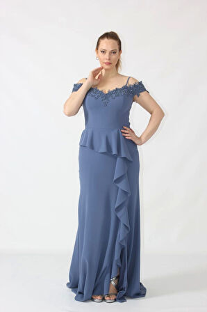 2401 İndigo Göğsü Aplik İşlemeli Eteği Volanlı Uzun Abiye