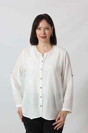 B-069 KOLU APOLETLİ KARE ÇİÇEK DESENLİ PAMUK KETEN KADIN BÜYÜK BEDEN BEYAZ GÖMLEK