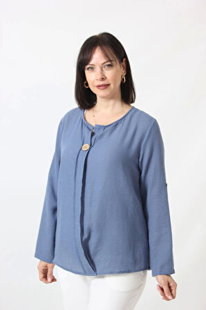 B-0173 KOLU APOLETLİ YAKASI DÜĞME AKSESUARLI GİZLİ PİLELİ KETEN KADIN BÜYÜK BEDEN İNDİGO BLUZ  