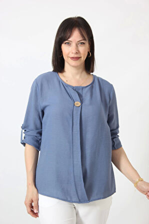 B-0173 KOLU APOLETLİ YAKASI DÜĞME AKSESUARLI GİZLİ PİLELİ KETEN KADIN BÜYÜK BEDEN İNDİGO BLUZ  