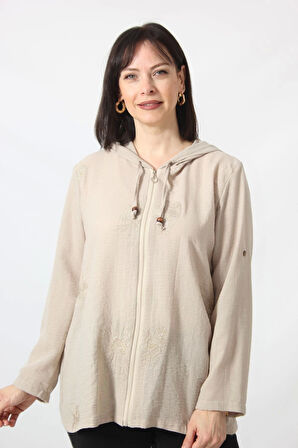 B-0358 KOLU APOLETLİ GÜMÜŞ SİMLİ İŞLEMELİ DESENLİ KETEN KADIN BÜYÜK BEDEN TAŞ RENGİ GÖMLEK