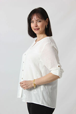 3B-069 KOLU APOLETLİ ÜÇ KÜÇÜK  ÇİÇEK DESENLİ PAMUK KETEN KADIN BÜYÜK BEDEN BEYAZ GÖMLEK