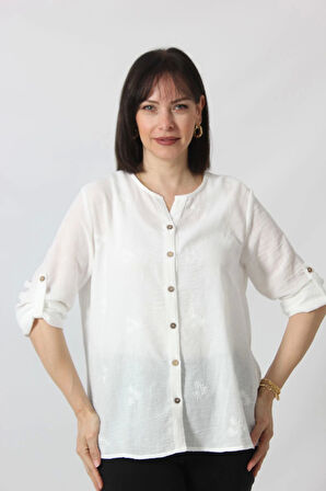 3B-069 KOLU APOLETLİ ÜÇ KÜÇÜK  ÇİÇEK DESENLİ PAMUK KETEN KADIN BÜYÜK BEDEN BEYAZ GÖMLEK