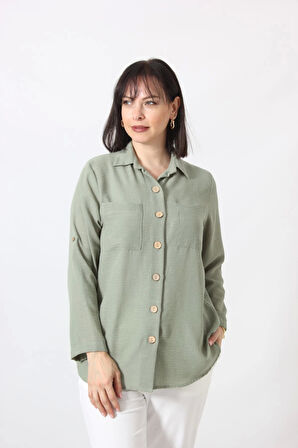 MYB-077 MİNT YEŞİLİ PAMUK KETEN KOLU APOLETLİ İKİ CEPLİ KADIN BÜYÜK BEDEN GÖMLEK