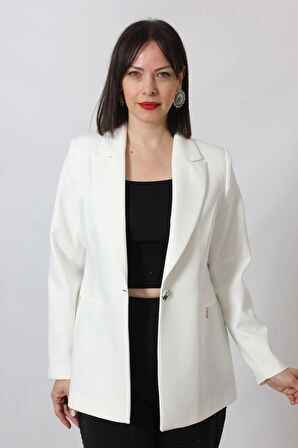 1904 Beyaz  Fermuarlı Cep Aksesuarlı  Kadın Büyük Beden Blazer Ceket