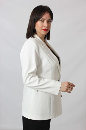 1904 Beyaz  Fermuarlı Cep Aksesuarlı  Kadın Büyük Beden Blazer Ceket