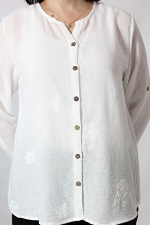 2B-069 KOLU APOLETLİ BÜYÜK ÇİÇEK DESENLİ PAMUK KETEN KADIN BÜYÜK BEDEN BEYAZ GÖMLEK