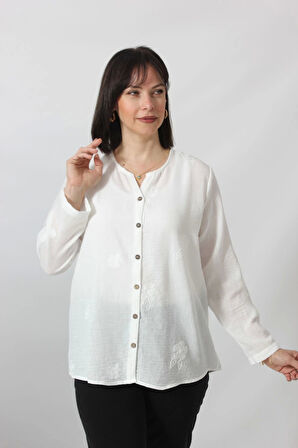 2B-069 KOLU APOLETLİ BÜYÜK ÇİÇEK DESENLİ PAMUK KETEN KADIN BÜYÜK BEDEN BEYAZ GÖMLEK