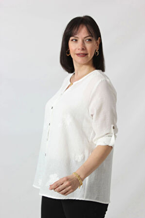 2B-069 KOLU APOLETLİ BÜYÜK ÇİÇEK DESENLİ PAMUK KETEN KADIN BÜYÜK BEDEN BEYAZ GÖMLEK