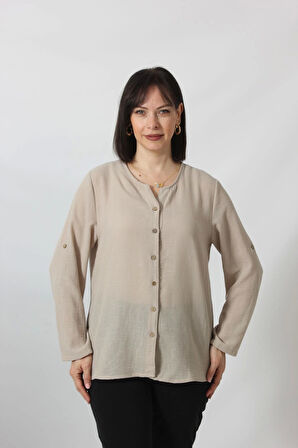 TB-069 KETEN KOLU APOLETLİ SIFIR YAKA BÜYÜK BEDEN TAŞ RENGİ GÖMLEK