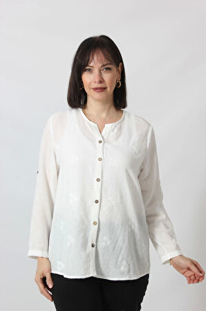 3B-069 KOLU APOLETLİ ÜÇ KÜÇÜK  ÇİÇEK DESENLİ PAMUK KETEN KADIN BÜYÜK BEDEN BEYAZ GÖMLEK