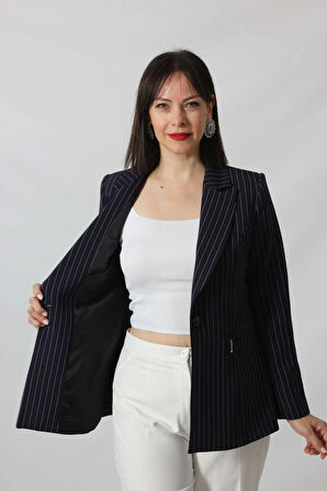 1906 Lacivert Çizgili Fermuarlı Cep Aksesuarlı  Kadın Büyük Beden Blazer Ceket