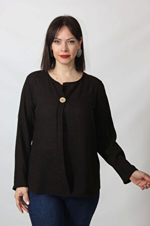 SB-073 KOLU APOLETLİ YAKASI DÜĞME AKSESUARLI GİZLİ PİLELİ KETEN KADIN BÜYÜK BEDEN SİYAH BLUZ  