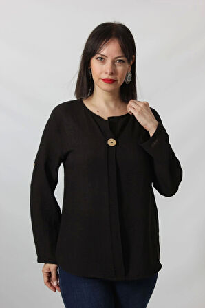 SB-073 KOLU APOLETLİ YAKASI DÜĞME AKSESUARLI GİZLİ PİLELİ KETEN KADIN BÜYÜK BEDEN SİYAH BLUZ  