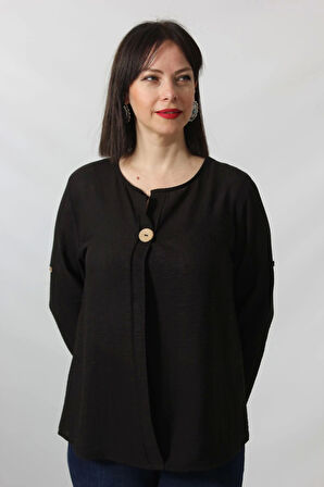 SB-073 KOLU APOLETLİ YAKASI DÜĞME AKSESUARLI GİZLİ PİLELİ KETEN KADIN BÜYÜK BEDEN SİYAH BLUZ  