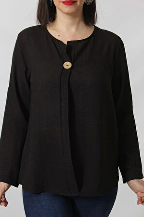 SB-073 KOLU APOLETLİ YAKASI DÜĞME AKSESUARLI GİZLİ PİLELİ KETEN KADIN BÜYÜK BEDEN SİYAH BLUZ  