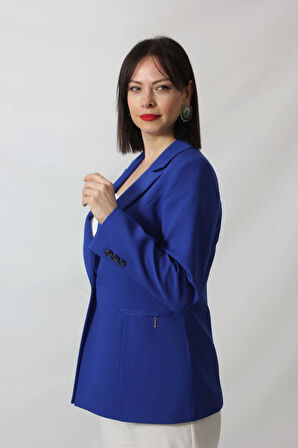 1904 Sax Fermuarlı Cep Aksesuarlı  Kadın Büyük Beden Blazer Ceket