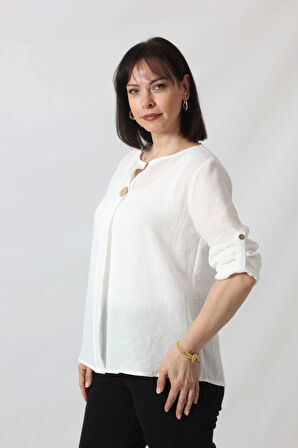 B-0273 KOLU APOLETLİ YAKASI DÜĞME AKSESUARLI GİZLİ PİLELİ KETEN KADIN BÜYÜK BEDEN BEYAZ BLUZ 