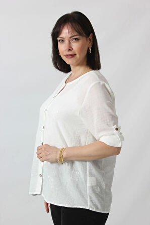 B-069 KOLU APOLETLİ KARE ÇİÇEK DESENLİ PAMUK KETEN KADIN BÜYÜK BEDEN BEYAZ GÖMLEK