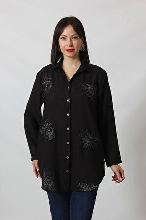 SB-092 SİYAH GÜMÜŞ YALDIZLI GÜNEŞ DESENLİ KOLU APOLETLİ YANDAN CEPLİ  TUNİK GÖMLEK KADIN BÜYÜK BEDEN 