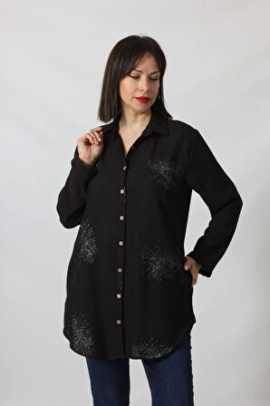 SB-092 SİYAH GÜMÜŞ YALDIZLI GÜNEŞ DESENLİ KOLU APOLETLİ YANDAN CEPLİ  TUNİK GÖMLEK KADIN BÜYÜK BEDEN 