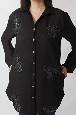 SB-092 SİYAH GÜMÜŞ YALDIZLI GÜNEŞ DESENLİ KOLU APOLETLİ YANDAN CEPLİ  TUNİK GÖMLEK KADIN BÜYÜK BEDEN 
