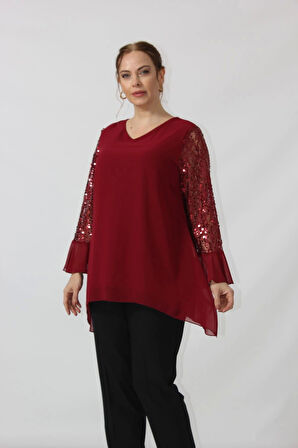 1939 Bordo Kolu Pullu Şifon Büyük Beden Şık Bluz