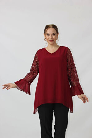 1939 Bordo Kolu Pullu Şifon Büyük Beden Şık Bluz