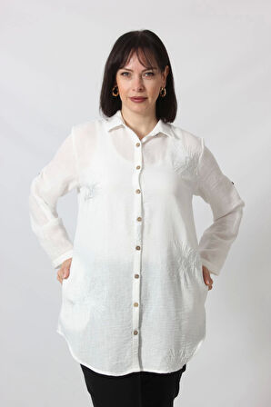 BB-092 BEYAZ GÜMÜŞ YALDIZLI GÜNEŞ DESENLİ KOLU APOLETLİ YANDAN CEPLİ TUNİK GÖMLEK KADIN BÜYÜK BEDEN