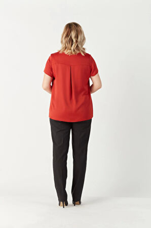 3202 Damla Yaka Saten Kısa Kollu Büyük Beden Şık Bluz Tarçın