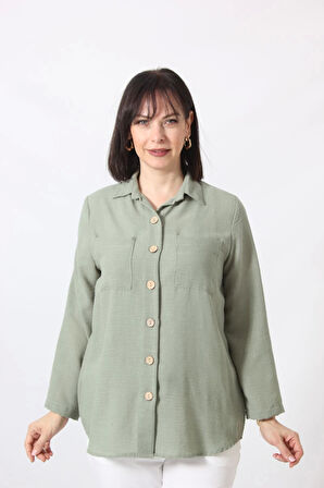 MYB-077 MİNT YEŞİLİ PAMUK KETEN KOLU APOLETLİ İKİ CEPLİ KADIN BÜYÜK BEDEN GÖMLEK