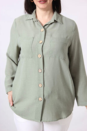 MYB-077 MİNT YEŞİLİ PAMUK KETEN KOLU APOLETLİ İKİ CEPLİ KADIN BÜYÜK BEDEN GÖMLEK