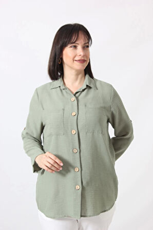 MYB-077 MİNT YEŞİLİ PAMUK KETEN KOLU APOLETLİ İKİ CEPLİ KADIN BÜYÜK BEDEN GÖMLEK