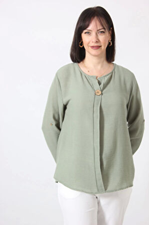 B-073 KOLU APOLETLİ YAKASI DÜĞME AKSESUARLI GİZLİ PİLELİ KETEN KADIN BÜYÜK BEDEN MİNT YEŞİLİ BLUZ