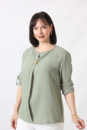 B-073 KOLU APOLETLİ YAKASI DÜĞME AKSESUARLI GİZLİ PİLELİ KETEN KADIN BÜYÜK BEDEN MİNT YEŞİLİ BLUZ