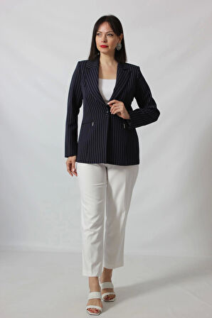 1906 Lacivert Çizgili Fermuarlı Cep Aksesuarlı  Kadın Büyük Beden Blazer Ceket