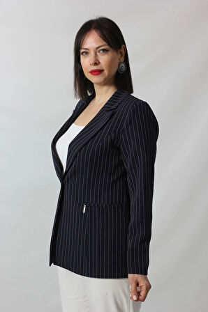 1906 Lacivert Çizgili Fermuarlı Cep Aksesuarlı  Kadın Büyük Beden Blazer Ceket