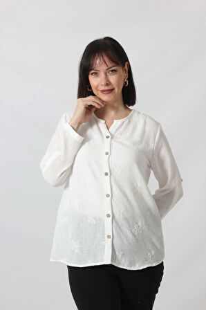 1B-069 KOLU APOLETLİ KÜÇÜK ÇİÇEK DESENLİ PAMUK KETEN KADIN BÜYÜK BEDEN BEYAZ GÖMLEK