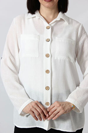 BB-077 BEYAZ PAMUK KETEN KOLU APOLETLİ İKİ CEPLİ KADIN BÜYÜK BEDEN GÖMLEK