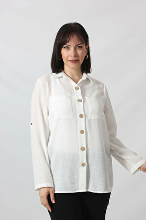 BB-077 BEYAZ PAMUK KETEN KOLU APOLETLİ İKİ CEPLİ KADIN BÜYÜK BEDEN GÖMLEK