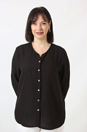 SB-0169 KETEN KOLU APOLETLİ SIFIR YAKA BÜYÜK BEDEN SİYAH GÖMLEK    