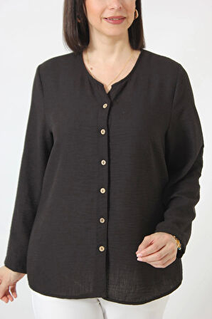 SB-0169 KETEN KOLU APOLETLİ SIFIR YAKA BÜYÜK BEDEN SİYAH GÖMLEK    