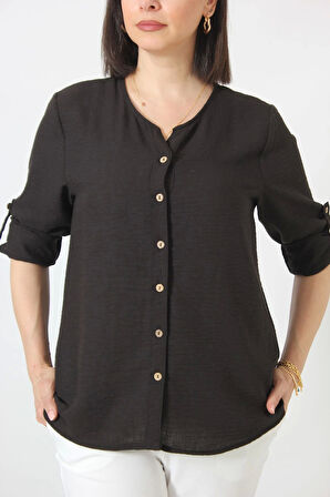 SB-0169 KETEN KOLU APOLETLİ SIFIR YAKA BÜYÜK BEDEN SİYAH GÖMLEK    