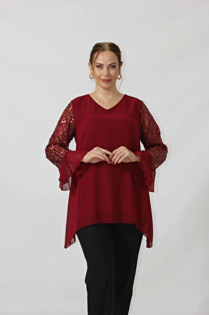 1939 Bordo Kolu Pullu Şifon Büyük Beden Şık Bluz