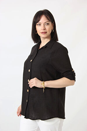 SB-077 SİYAH PAMUK KETEN KOLU APOLETLİ İKİ CEPLİ KADIN BÜYÜK BEDEN GÖMLEK