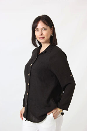 SB-077 SİYAH PAMUK KETEN KOLU APOLETLİ İKİ CEPLİ KADIN BÜYÜK BEDEN GÖMLEK