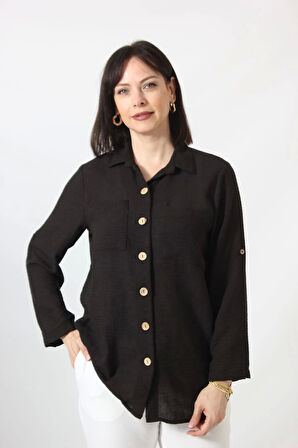 SB-077 SİYAH PAMUK KETEN KOLU APOLETLİ İKİ CEPLİ KADIN BÜYÜK BEDEN GÖMLEK