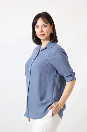 İB-077 İNDİGO PAMUK KETEN KOLU APOLETLİ İKİ CEPLİ KADIN BÜYÜK BEDEN GÖMLEK